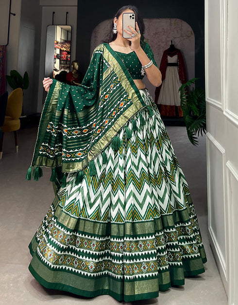 sophisticated green tussar silk traditional wear women's heavy lehenga choli collection with green tussar silk rt9000-185180 Close-up View