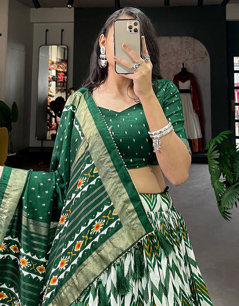 sophisticated green tussar silk traditional wear women's heavy lehenga choli collection with green tussar silk rt9000-185180 Front View