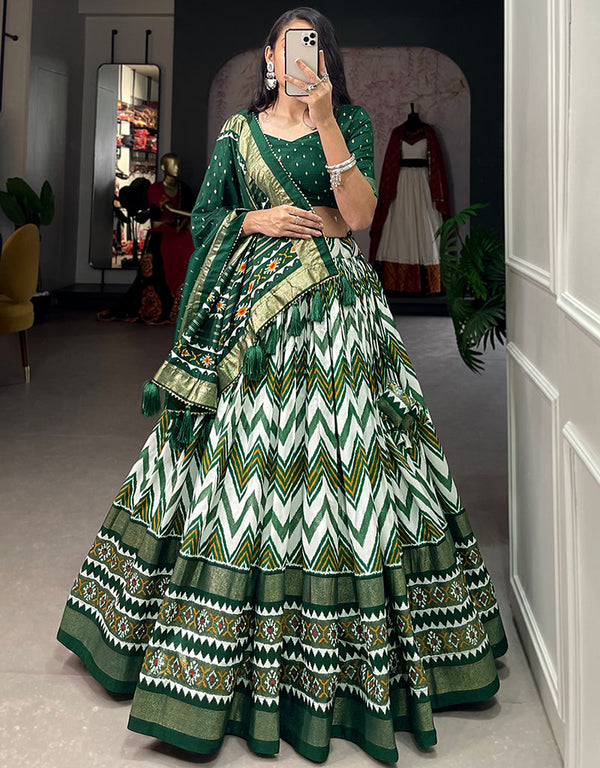 sophisticated green tussar silk traditional wear women's heavy lehenga choli collection with green tussar silk rt9000-185180 Front View