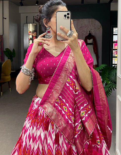 glamorous pink tussar silk traditional wear women's heavy lehenga choli collection with pink tussar silk rt9000-185181 Front View