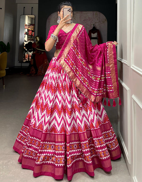 glamorous pink tussar silk traditional wear women's heavy lehenga choli collection with pink tussar silk rt9000-185181 Front View