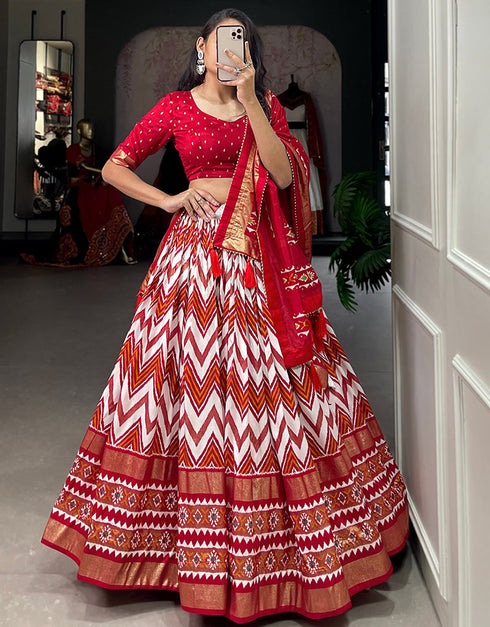 contemporary red tussar silk traditional wear women's heavy lehenga choli collection with red tussar silk rt9000-185182 Close-up View