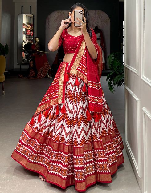 contemporary red tussar silk traditional wear women's heavy lehenga choli collection with red tussar silk rt9000-185182 Back View