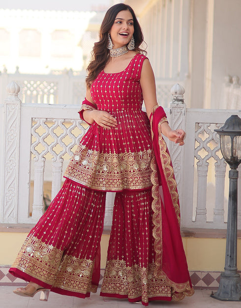 fashionable pink faux georgette elementary function wear special readymade sharara suit collection with pink faux georgette rt9002-185184 Close-up View