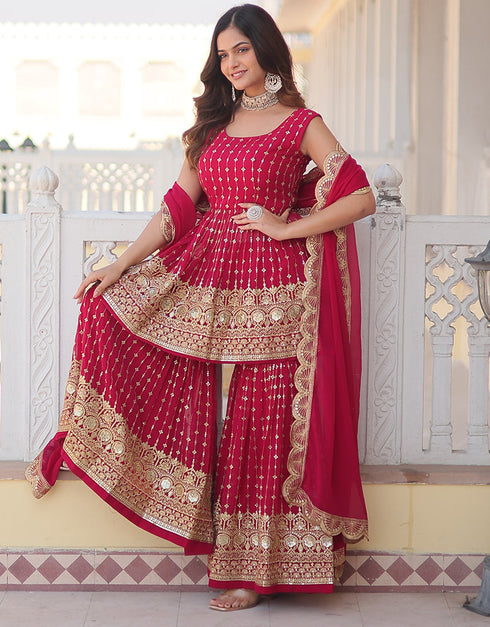 fashionable pink faux georgette elementary function wear special readymade sharara suit collection with pink faux georgette rt9002-185184 Back View