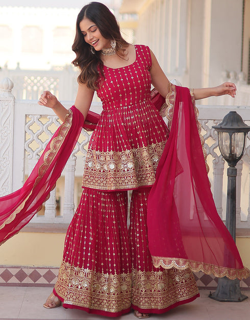 fashionable pink faux georgette elementary function wear special readymade sharara suit collection with pink faux georgette rt9002-185184 Front View