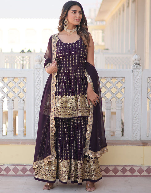 sleek wine faux georgette elementary function wear special readymade sharara suit collection with wine faux georgette rt9002-185185 Close-up View