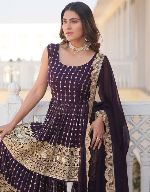 sleek wine faux georgette elementary function wear special readymade sharara suit collection with wine faux georgette rt9002-185185 Side View