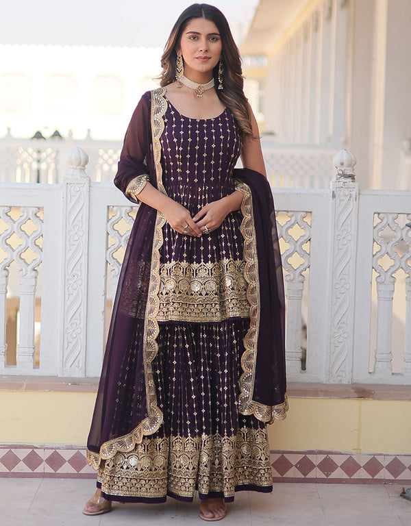 sleek wine faux georgette elementary function wear special readymade sharara suit collection with wine faux georgette rt9002-185185 Front View