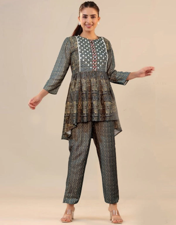 stylish grey cotton designer party wear fancy readymade kurta with paint suit design pant rt9005-185189 Front View