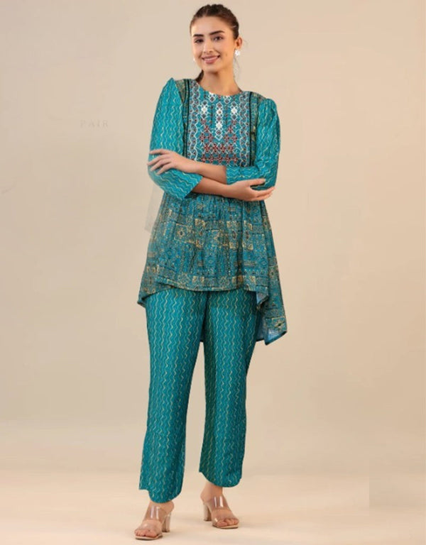 trendy blue cotton designer party wear fancy readymade kurta with paint suit design pant rt9005-185191 Front View
