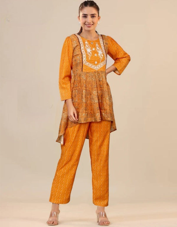 elegant mustard cotton designer party wear fancy readymade kurta with paint suit design pant rt9005-185192 Front View