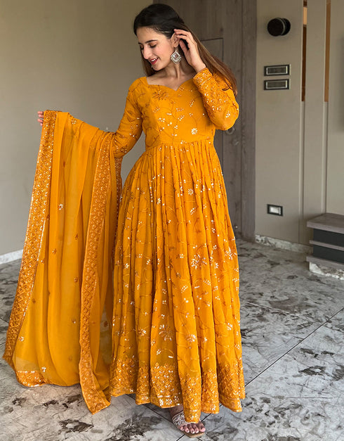 fashionable mustard heavy faux georgette designer wear elementary readymade suit collection with mustard cotton rt9012-185245 Back View