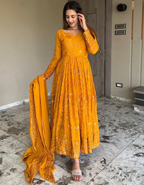 fashionable mustard heavy faux georgette designer wear elementary readymade suit collection with mustard cotton rt9012-185245 Front View