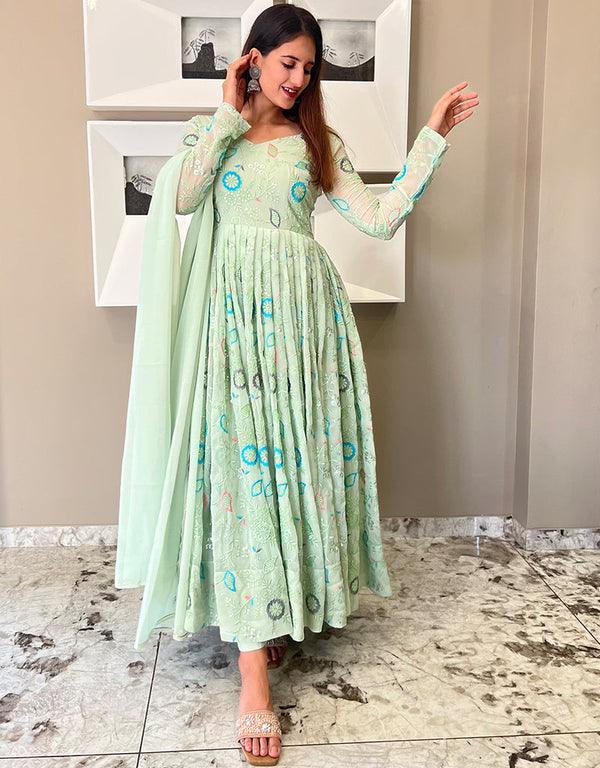 modern sea green heavy faux georgette designer wear elementary readymade suit collection with sea green cotton rt9012-185247 Front View
