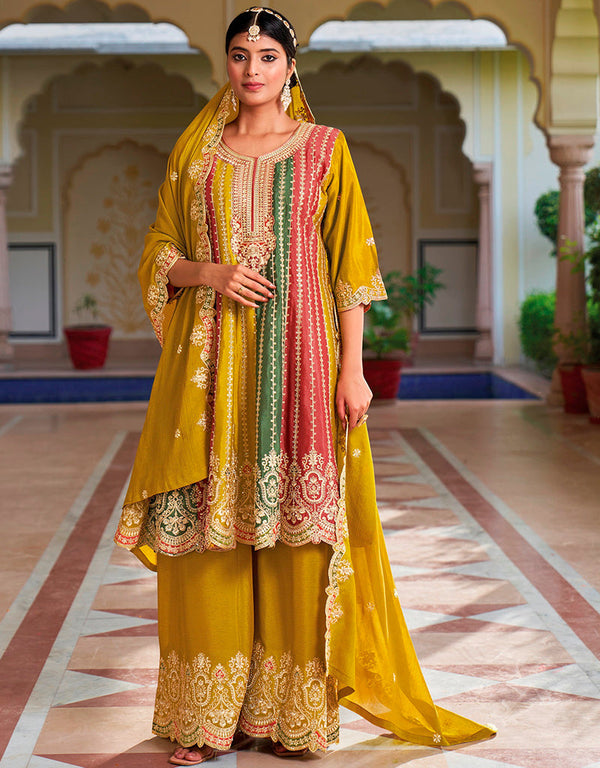 elegant yellow chinon embroidered chinon heavy sharara suit with yellow chinon rt9014-185252 Front View