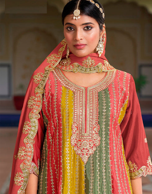 fashionable orange chinon embroidered chinon heavy sharara suit with orange chinon rt9014-185253 Close-up View
