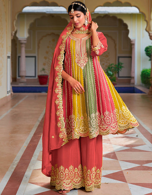 fashionable orange chinon embroidered chinon heavy sharara suit with orange chinon rt9014-185253 Front View