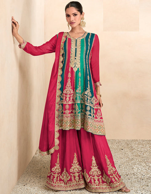 sophisticated rani pink chinon embroidered chinon heavy sharara suit with rani pink chinon rt9015-185256 Front View