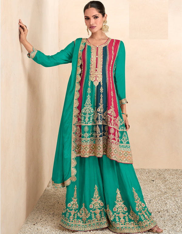 glamorous firozi chinon embroidered chinon heavy sharara suit with firozi chinon rt9015-185257 Front View