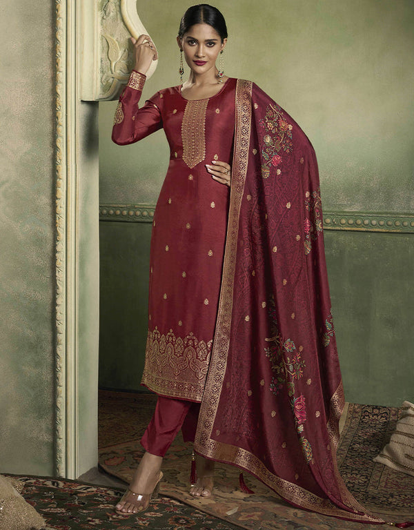 elegant maroon viscose dola jacquard designer party wear heavy readymade salwar suit collection with maroon santoon rt9019-185269 Front View