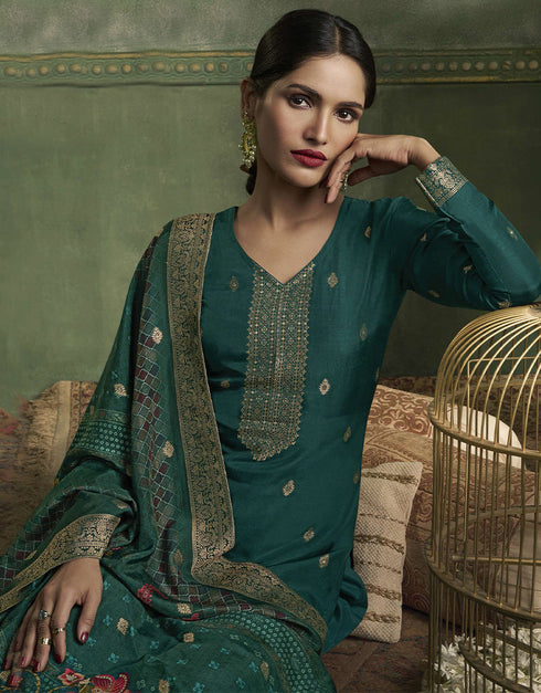 fashionable green viscose dola jacquard designer party wear heavy readymade salwar suit collection with green santoon rt9019-185270 Close-up View