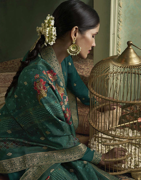 fashionable green viscose dola jacquard designer party wear heavy readymade salwar suit collection with green santoon rt9019-185270 Back View