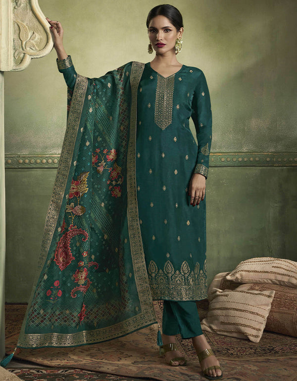 fashionable green viscose dola jacquard designer party wear heavy readymade salwar suit collection with green santoon rt9019-185270 Front View