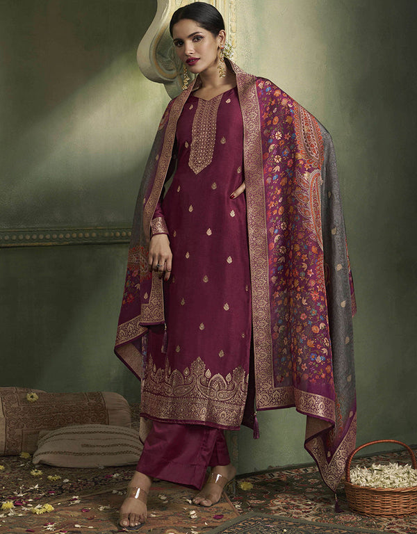 sleek wine viscose dola jacquard designer party wear heavy readymade salwar suit collection with wine santoon rt9019-185271 Front View