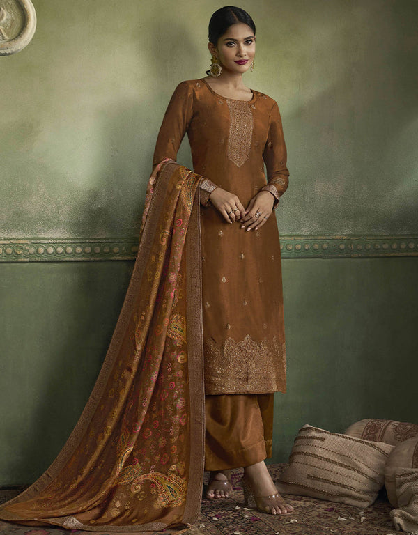 modern chocolate brown viscose dola jacquard designer party wear heavy readymade salwar suit collection with chocolate brown santoon rt9019-185272 Front View