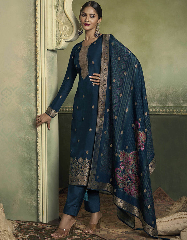 sophisticated navy blue viscose dola jacquard designer party wear heavy readymade salwar suit collection with navy blue santoon rt9019-185273 Front View