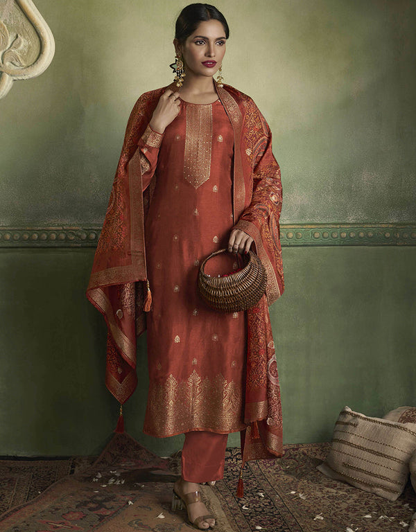 glamorous burgundy brown viscose dola jacquard designer party wear heavy readymade salwar suit collection with burgundy brown santoon rt9019-185274 Front View