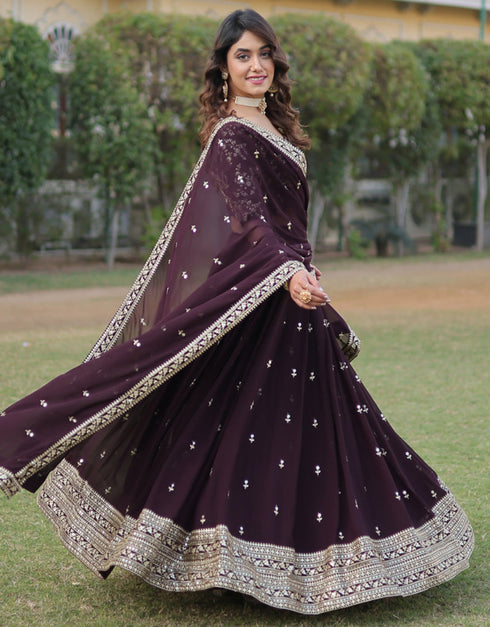 stylish coffee faux blooming georgette traditional wear women's heavy lehenga choli collection with coffee faux blooming georgette rt9028-185350 Back View