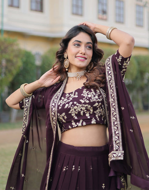 stylish coffee faux blooming georgette traditional wear women's heavy lehenga choli collection with coffee faux blooming georgette rt9028-185350 Front View