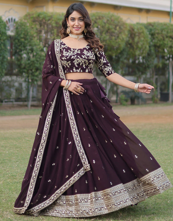 stylish coffee faux blooming georgette traditional wear women's heavy lehenga choli collection with coffee faux blooming georgette rt9028-185350 Front View