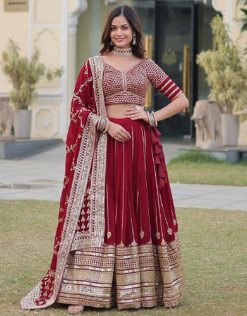 chic maroon faux blooming traditional wear women's heavy lehenga choli collection with maroon faux blooming rt9028-185351 Front View