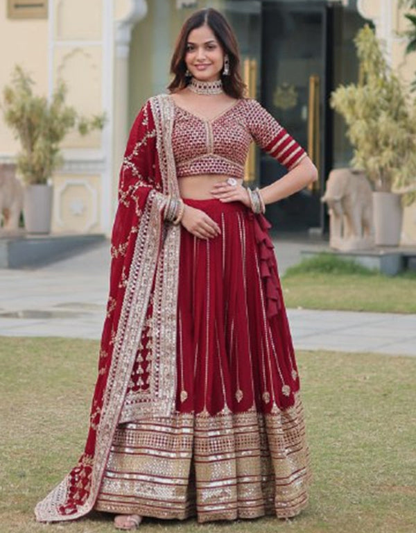 chic maroon faux blooming traditional wear women's heavy lehenga choli collection with maroon faux blooming rt9028-185351 Front View