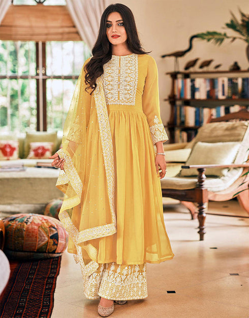 trendy yellow georgette trendy fashioner pakistani trouser salwar suit collection with yellow georgette rt9033-185364 Front View