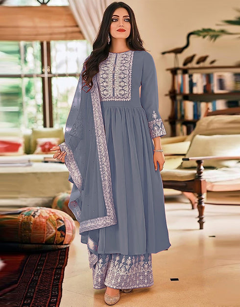 fashionable grey georgette trendy fashioner pakistani trouser salwar suit collection with grey georgette rt9033-185366 Front View