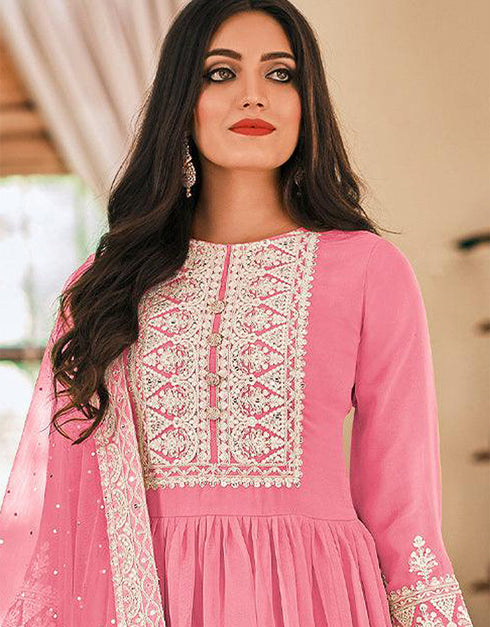 sleek pink georgette trendy fashioner pakistani trouser salwar suit collection with pink georgette rt9033-185367 Close-up View