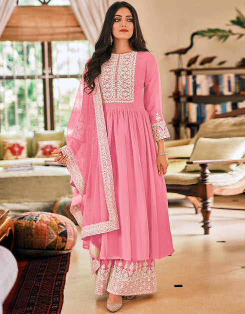 sleek pink georgette trendy fashioner pakistani trouser salwar suit collection with pink georgette rt9033-185367 Front View