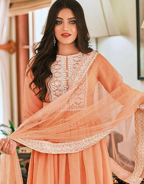 modern peach georgette trendy fashioner pakistani trouser salwar suit collection with peach georgette rt9033-185368 Close-up View