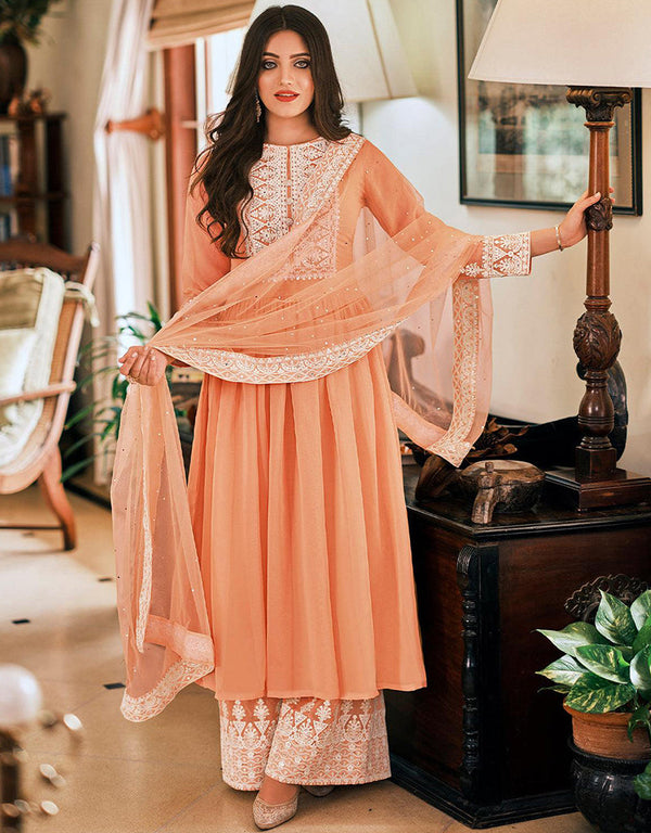 modern peach georgette trendy fashioner pakistani trouser salwar suit collection with peach georgette rt9033-185368 Front View