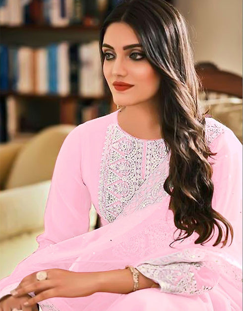 sophisticated baby pink georgette trendy fashioner pakistani trouser salwar suit collection with baby pink georgette rt9033-185369 Close-up View