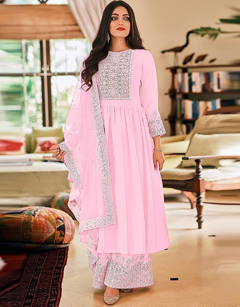 sophisticated baby pink georgette trendy fashioner pakistani trouser salwar suit collection with baby pink georgette rt9033-185369 Front View