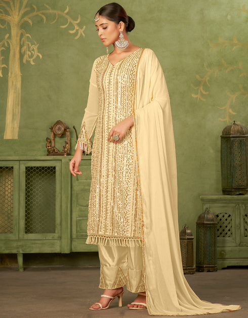 contemporary beige georgette trendy fashioner pakistani trouser salwar suit collection with beige santoon rt9034-185371 Close-up View