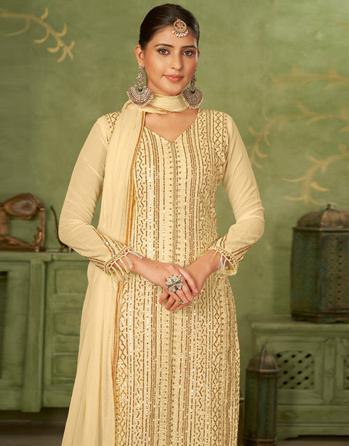 contemporary beige georgette trendy fashioner pakistani trouser salwar suit collection with beige santoon rt9034-185371 Back View