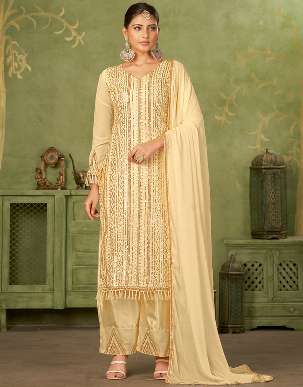contemporary beige georgette trendy fashioner pakistani trouser salwar suit collection with beige santoon rt9034-185371 Front View