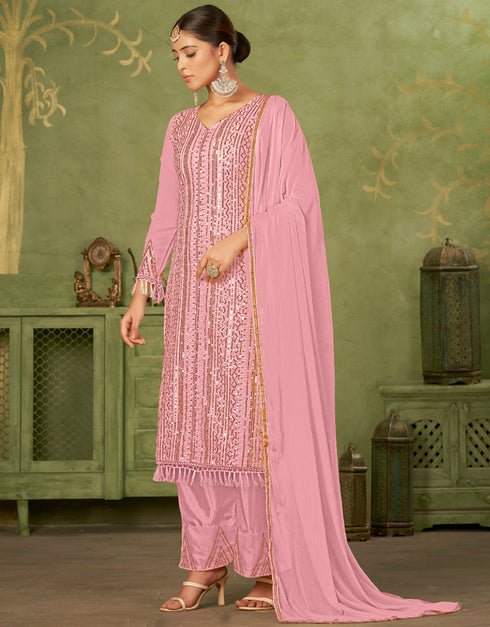 classy pink georgette trendy fashioner pakistani trouser salwar suit collection with pink santoon rt9034-185372 Close-up View