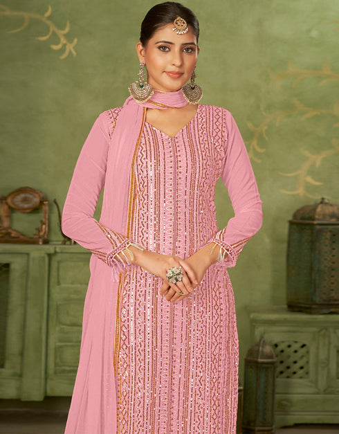 classy pink georgette trendy fashioner pakistani trouser salwar suit collection with pink santoon rt9034-185372 Back View